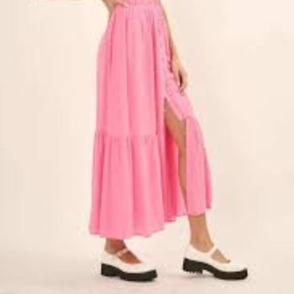 Promesa Bubble Gum Pink Sea Breeze Smocked Crepe Button-Front Maxi Dress Size M - Picture 10 of 10